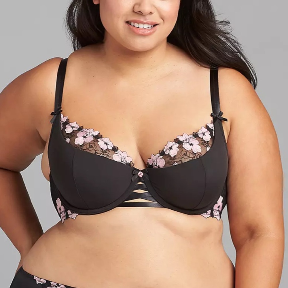 Cacique by Lane Bryant Black Mesh & Pink Embroidery French Balconette Bra 42DD